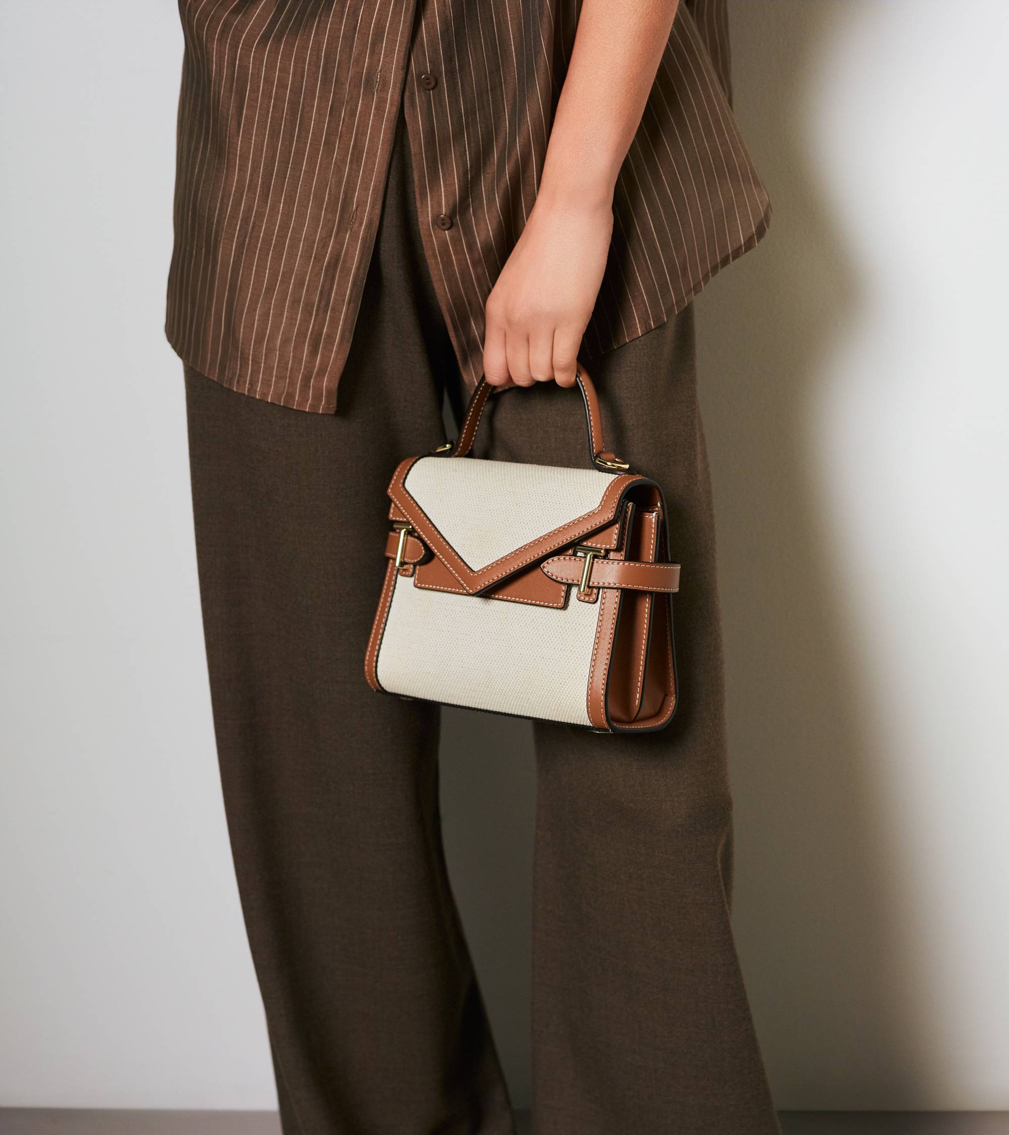 Petit sac à main double rabat Emilie en toile coton et cuir lisse