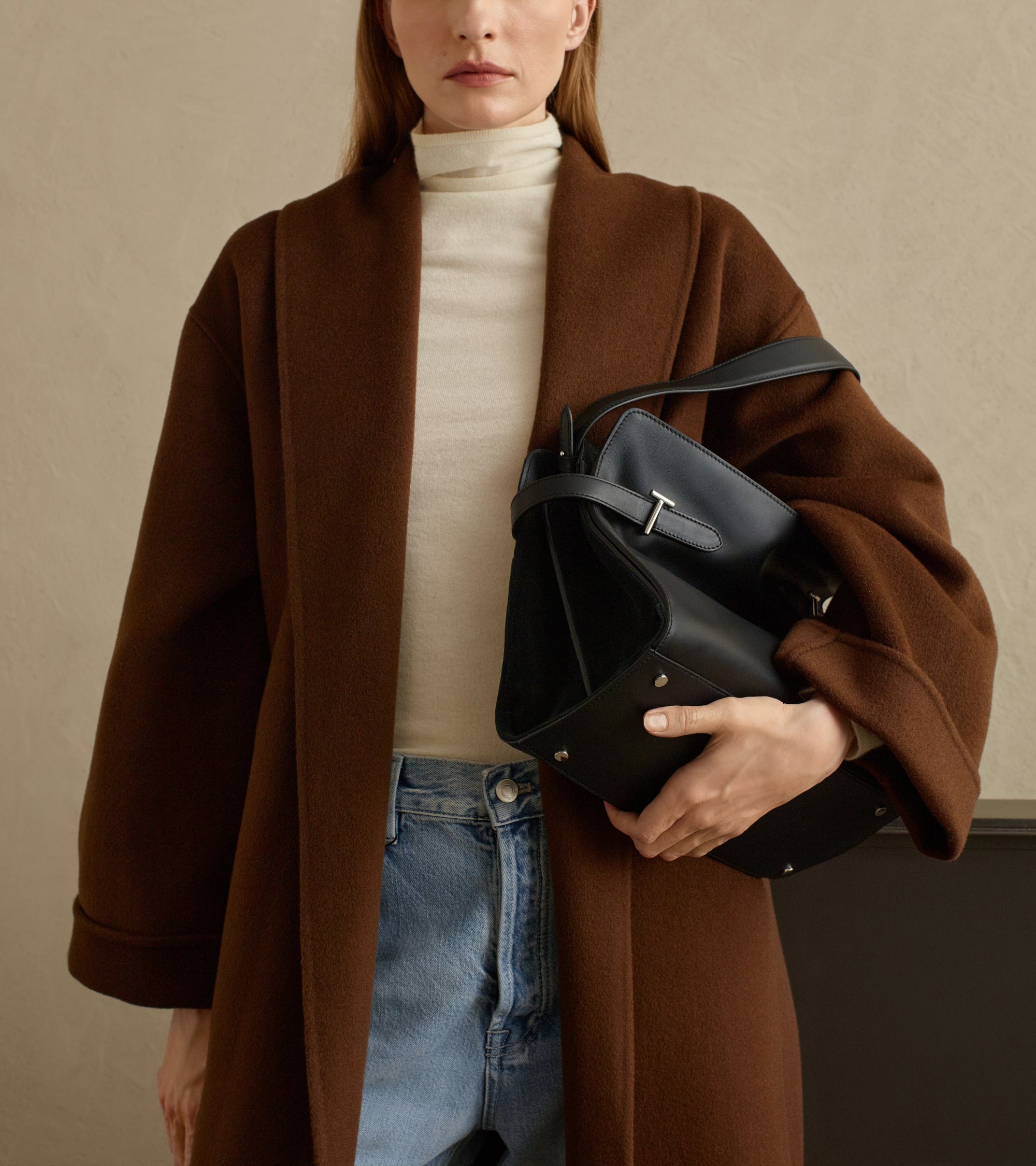 Sac porté épaule grand modèle Emie en cuir lisse et nubuck